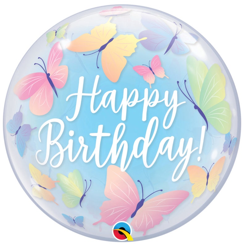May include: A clear bubble balloon with a blue background and colorful butterflies. The balloon says "Happy Birthday!" in white script.