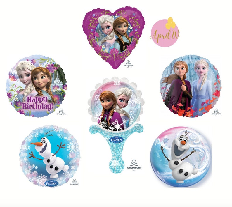 May include: A set of six Frozen-themed foil balloons. The balloons feature Elsa, Anna, and Olaf from the Disney movie Frozen. The balloons are in various shapes, including a heart, a circle, and a wand. The balloons are all blue and purple with snowflake designs.