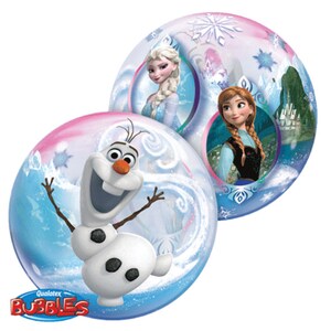 May include: Two clear bubble balloons with Frozen characters. One balloon features Olaf the snowman with a blue and white background. The other balloon features Elsa and Anna with a pink and blue background. The balloons have the Qualatex Bubbles logo.