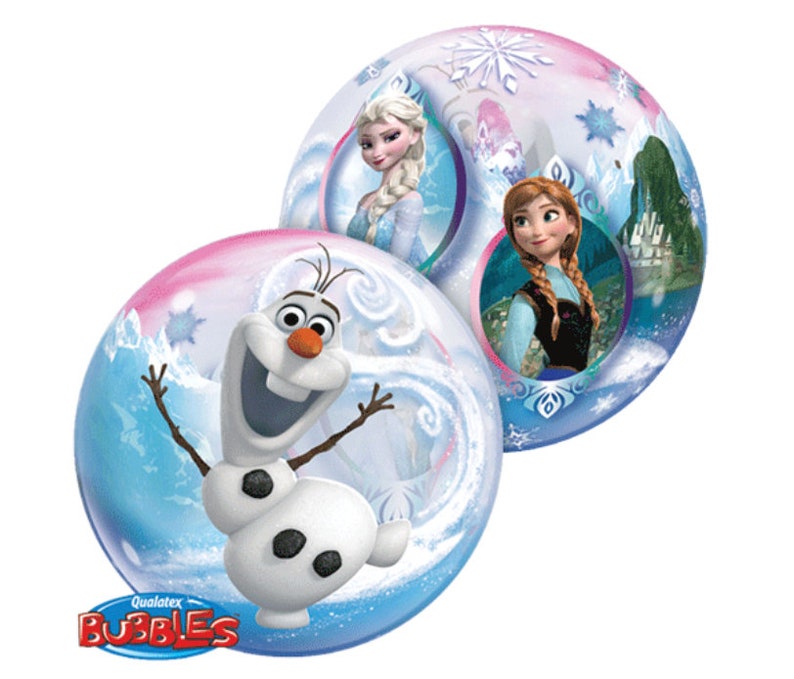 May include: Two clear bubble balloons with Frozen characters. One balloon features Olaf the snowman with a blue and white background. The other balloon features Elsa and Anna with a pink and blue background. The balloons have the Qualatex Bubbles logo.