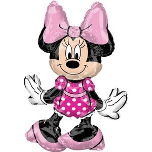 Pode incluir: Um bal&atilde;o Minnie Mouse rosa e preto com um la&ccedil;o rosa e um vestido de bolinhas.