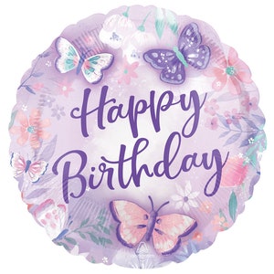 May include: Purple foil balloon with a watercolor floral design and butterflies. The balloon says "Happy Birthday" in purple script.