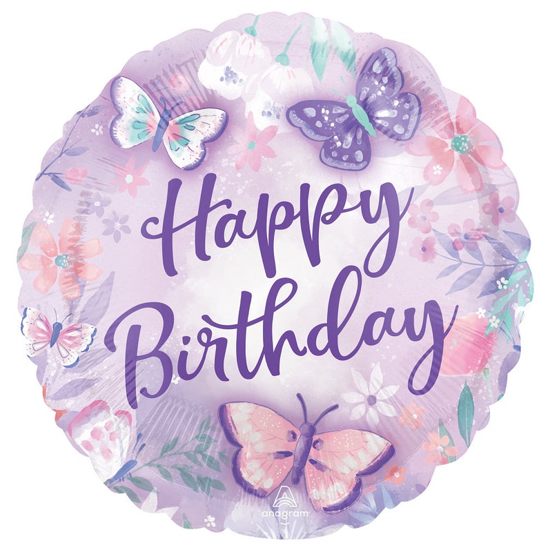 May include: Purple foil balloon with a watercolor floral design and butterflies. The balloon says "Happy Birthday" in purple script.