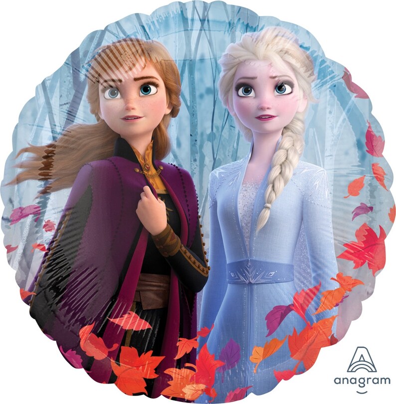 May include: A round, silver foil balloon featuring Elsa and Anna from Disney's Frozen II. The balloon has a blue and purple background with red and orange leaves. The text "Anagram" is in the bottom right corner.