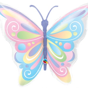 May include: A pastel-colored butterfly balloon with a light purple body and wings with swirls and dots in shades of pink, blue, and green.