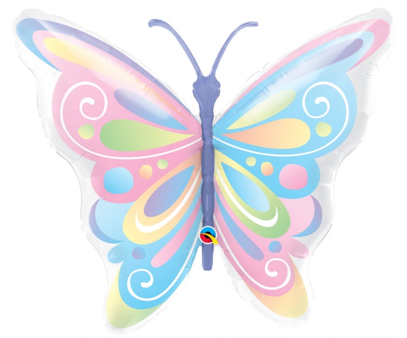 May include: A pastel-colored butterfly balloon with a light purple body and wings with swirls and dots in shades of pink, blue, and green.