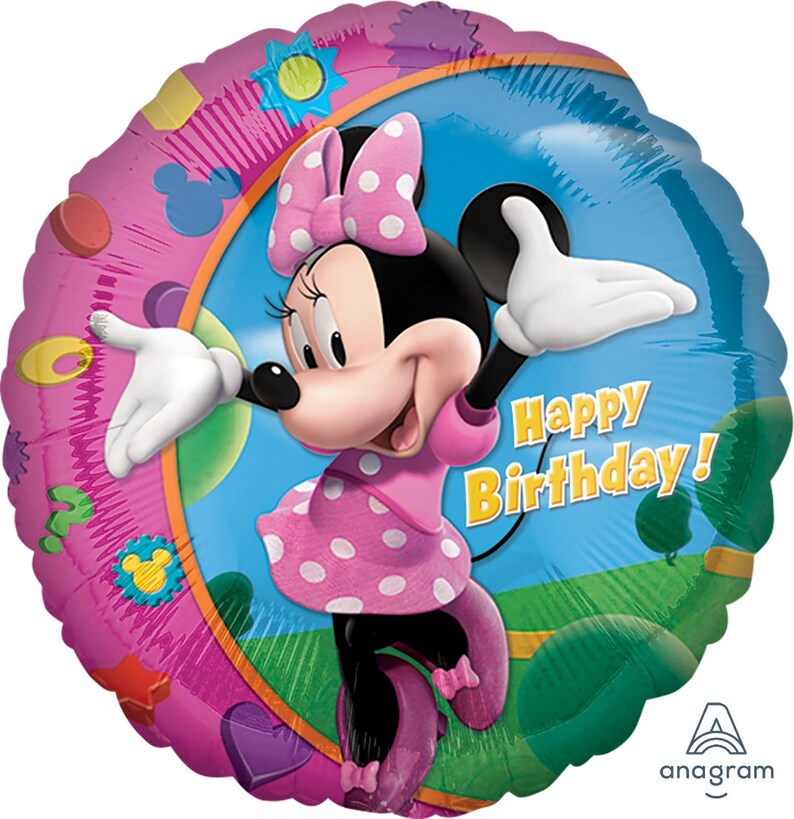 Pode incluir: Um bal&atilde;o redondo de folha de alum&iacute;nio rosa e azul com uma imagem de desenho animado de Minnie Mouse vestindo um vestido rosa de bolinhas e um la&ccedil;o rosa. O bal&atilde;o tem o texto "Happy Birthday!"