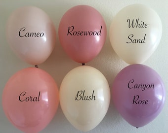 May include: Six latex balloons in various shades of pink, cream, and purple. The balloons are labeled with the following names: Cameo, Rosewood, White Sand, Coral, Blush, and Canyon Rose.