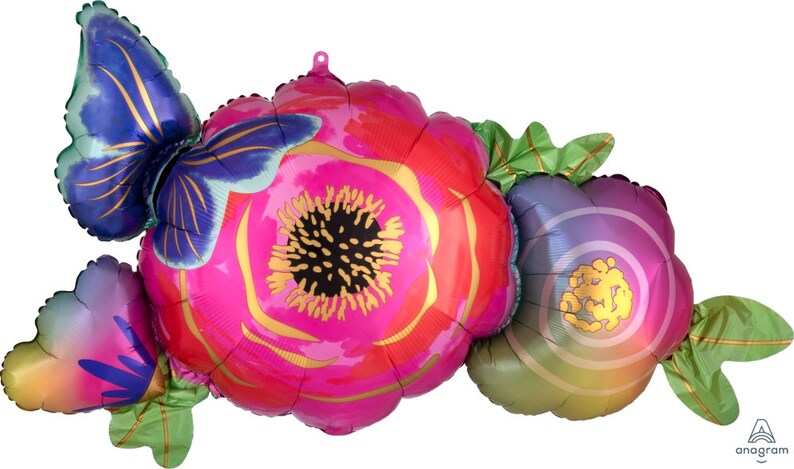 May include: A set of three foil balloons shaped like flowers and a butterfly. The flowers are pink, purple, and green with gold accents. The butterfly is blue and green with gold accents.