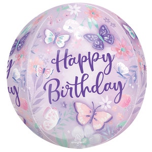 May include: Purple and pink round balloon with a floral pattern and butterflies. The balloon says "Happy Birthday" in purple lettering.