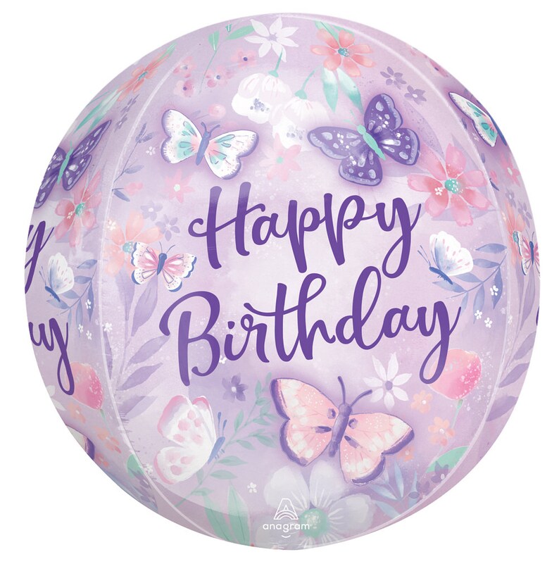 May include: Purple and pink round balloon with a floral pattern and butterflies. The balloon says "Happy Birthday" in purple lettering.