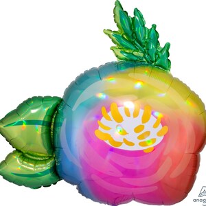 May include: A rainbow iridescent foil balloon shaped like a flower with green leaves. The flower has a white center with a yellow outline.