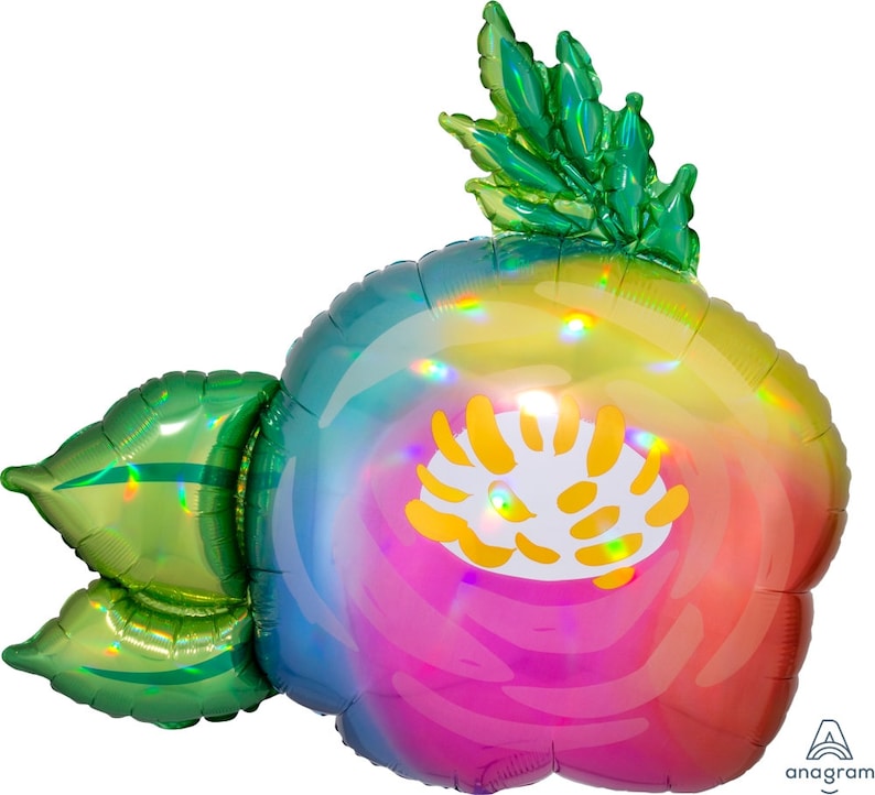 May include: A rainbow iridescent foil balloon shaped like a flower with green leaves. The flower has a white center with a yellow outline.