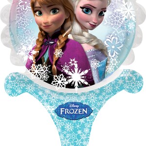 May include: A blue and pink balloon shaped like a hand mirror with a picture of Elsa and Anna from Disney's Frozen. The balloon has a white snowflake pattern and the words "Disney Frozen" in a blue oval.