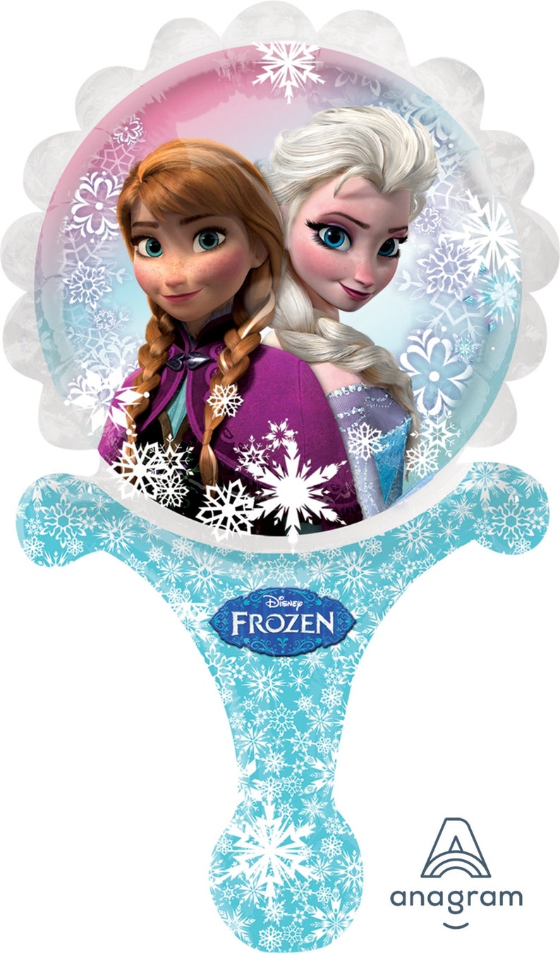 May include: A blue and pink balloon shaped like a hand mirror with a picture of Elsa and Anna from Disney's Frozen. The balloon has a white snowflake pattern and the words "Disney Frozen" in a blue oval.
