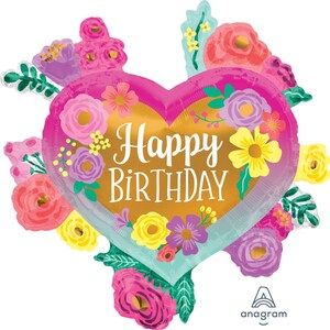 May include: A pink heart-shaped foil balloon with a gold background and the text "Happy Birthday" surrounded by colorful flowers.