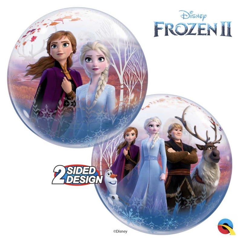 May include: Two-sided bubble balloon featuring characters from Disney's Frozen II. One side shows Elsa, Anna, and Olaf in a snowy forest scene. The other side shows Elsa, Anna, Kristoff, and Sven in a snowy forest scene. The balloon has the text "2 Sided Design" printed on it.