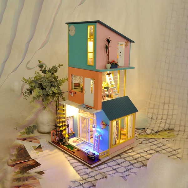 Combination Villa Miniatures Dollhouse Kit || 1:24 with music and light  adult craft gift decor