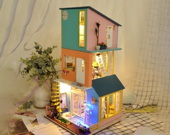 Combination Villa Miniatures Dollhouse Kit || 1:24 with music and light  adult craft gift decor