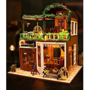 DIY Regen Schleife Coffee Shop Miniatur Puppe Haus Kit || 1:24 Erwachsene Handwerk Modell handgefertigte Möbel LED Licht Kits Puzzle Spielzeug