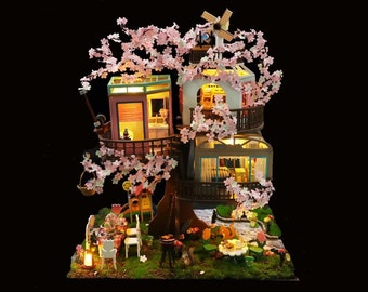 DIY Cherry Blossom Tree Wooden Miniature Doll House kit || 1:24 with light Adult Craft Gift Decor