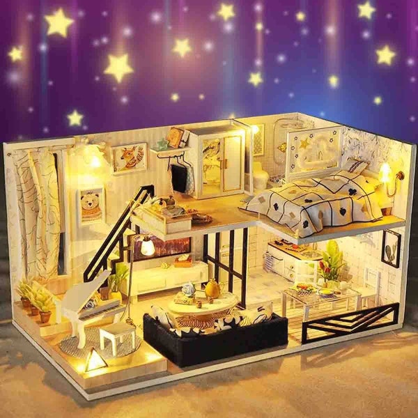 DIY miniatura casa de muñecas kit time Shadow Loft Apartment Craft // 1:24 con la luz adulto craft regalo decoración