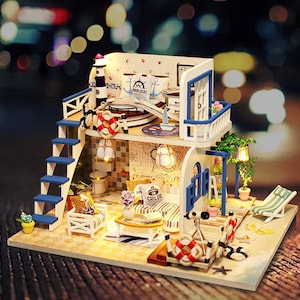 DIY Coastal Villa Miniature Doll House Kit || 1:24 with light Adult Craft Gift Decor