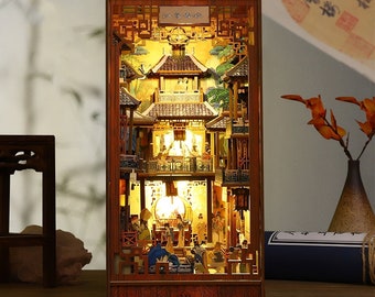 Rincón de libros de una ciudad antigua china - Estantería con luz - Kit de construcción de maquetas