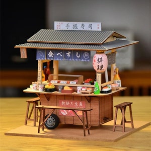 DIY Sushi Bar Street Mobile Shop Miniature Doll House kit || 1:24 with light Adult Craft Gift Decor