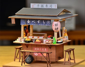 DIY Sushi Bar Street Mobile Shop Miniature Doll House kit || 1:24 with light Adult Craft Gift Decor