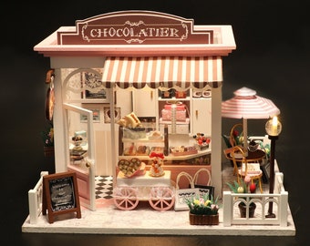 DIY Chocolate Shop Miniature Doll House Kit || 1:24 Adult craft Model Handmade Furniture LED Light Kits Puzzle Toy