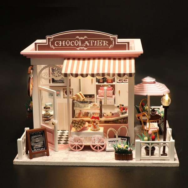 DIY Chocolate Shop Miniature Doll House Kit || 1:24 Adult craft Model Handmade Furniture LED Light Kits Puzzle Toy