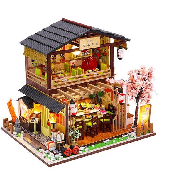 DIY Sushi Restaurant Japanese Style Miniature Doll House kit || 1:24 with light Adult Craft Gift Decor