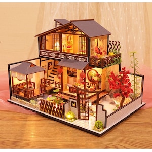 DIY Japanese Garden Style Wooden Miniature Doll House kit || 1:24 with light Adult Craft Gift Decor