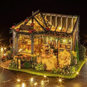 DIY Rose Garden Tea Miniature Doll House Kit  || 1:24 Glass Garden Turquoise Cute Room with Light Craft