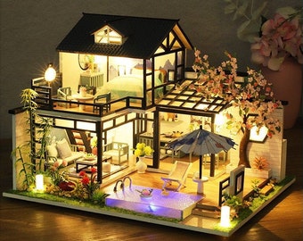 DIY Japanese Modern Twist to Traditional Style Wooden Miniature Doll House kit || 1:24 with light for Adult Craft Gift Decor