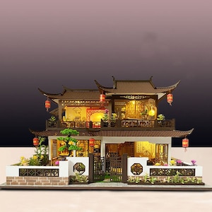 DIY chinesische antike Villa Miniatur Puppenhaus Kit || 1:24 mit leichtem Erwachsenen Craft Geschenk Decor