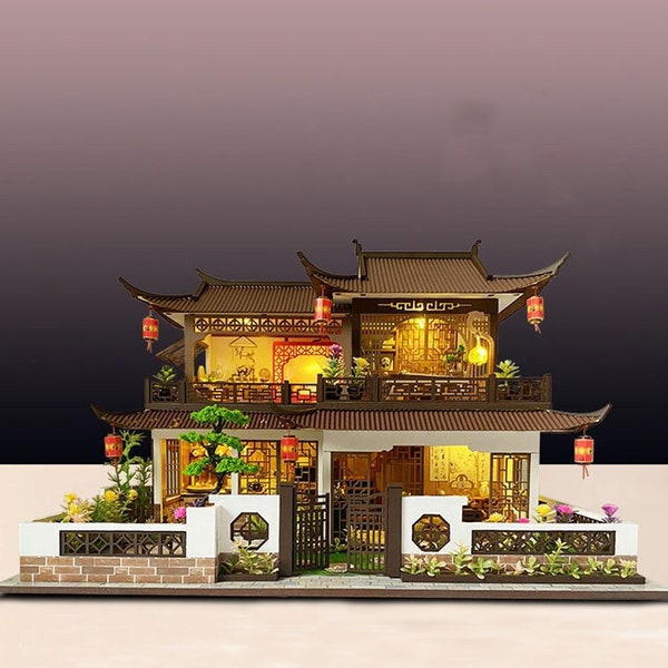 Kit de maison de poupée miniature de villa ancienne chinoise bricolage || 1:24 avec lumière Décoration de cadeau d'artisanat pour adultes