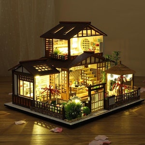 DIY Japanese Garden Style Wooden Miniature Doll House kit 1:24 with light Adult Craft Gift Decor image 1