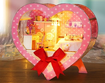 Miniature Dollhouse Kit | Pink Flower House Box, LED Light, DIY Adult Gift