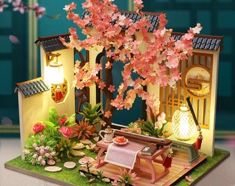 DIY Chinese Music Garden Style Wooden Miniature Doll House kit || 1:24 with Dust Cover light Adult Craft Gift Decor