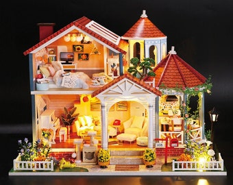 Glazed Tile Villa Miniatures Dollhouse Kit || 1:24 avec la musique et le décor léger de cadeau d’artisanat adulte