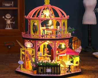 Kit de casa de bonecas em miniatura Flower Tea House || 1:24 com música e luz, artesanato para decoração de presente para adultos