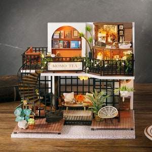 DIY MoMo Tea House Miniature Doll House kit  || 1:24 with light Adult Craft Gift Decor