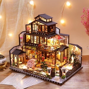 DIY japanischen traditionellen Stil aus Holz Miniatur-Puppenhaus-Kit || Große Skala mit leichtem Erwachsenen-Handwerk-Geschenk-Dekor