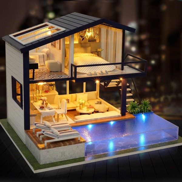 Kit maison de poupée miniature bricolage maison de fête moderne, vraie piscine || 1:24 avec décoration lumineuse pour adultes