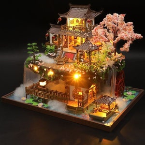 DIY Ancient Chinese Waterfall Wooden Miniature Model with Light and Music Box - Adult Craft & Decor Gift