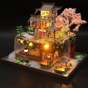 DIY Ancient Chinese Waterfall Wooden Miniature Model with Light and Music Box - Adult Craft & Decor Gift