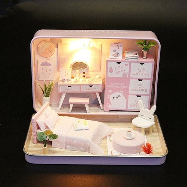 DIY Bunny Room Theatre Miniature Box Doll House Kit || 1:24 with light kid craft and adult craft