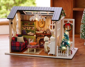 Christmas Time wooden miniature dollhouse Kit || 1:24 with light and dust covered kid craft